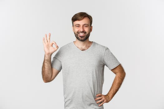 Portrait of handsome smiling man in casual grey t-shirt, showing okay sign in approval, agree to you, praising good choice, standing over white background.