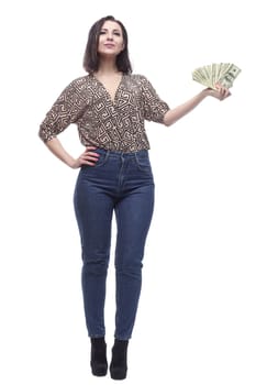 in full growth. attractive young woman with banknotes. isolated on a white background.