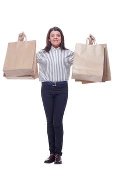 Attractive business woman holding shopping bags, isolated on white background