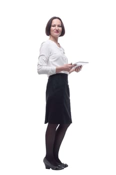 side view. business woman with a digital tablet looking at you. isolated on a white background.