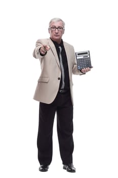 in full growth. Mature intelligent man with a calculator. isolated on a white background.