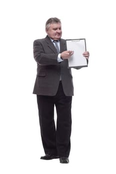in full growth.friendly business man with clipboard . isolated on a white background.