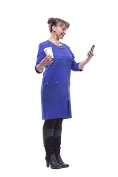 Business woman lawyer professional with smart phone drinking coffee from disposable paper cup