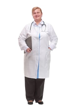 Portrait of senior female doctor holding clipboard looking at camera smiling isolated over white background