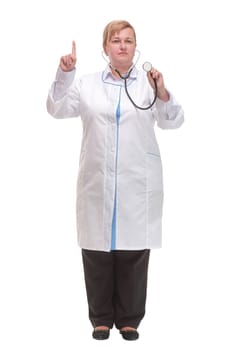 Female doctor using stethoscope isolated on white background and pointed finger up