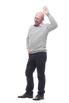 in full growth. charismatic man in a white jumper . isolated on a white background.