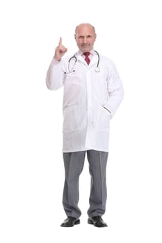 Middle age doctor man wearing coat and stethoscope standing over isolated white background smiling and pointing with finger to the side
