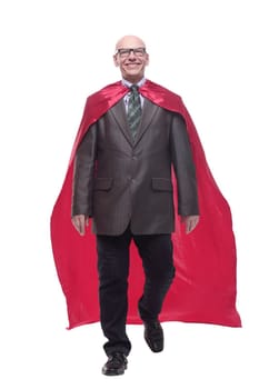 in full growth. business man in a superhero raincoat. isolated on a white background.