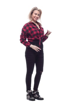 portrait of a pretty young woman in a checked shirt. isolated on a white background.