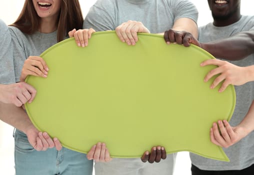 close up. curly-haired guy with a speech bubble. photo with copy space