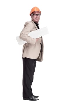 in full growth. male architect with drawings. isolated on a white background.