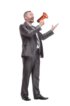 full-length. business man with a megaphone. isolated on a white background.