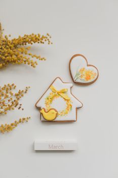 Women's Day, March 8, figure eight, gingerbread, flowers. space for text