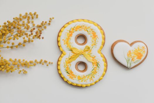 Women's Day, March 8, figure eight, gingerbread, flowers. space for text