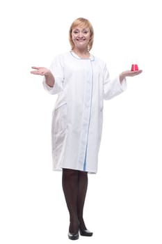 in full growth. smiling woman scientist with a laboratory flask. isolated on a white background.