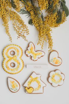 Women's Day, March 8, figure eight, gingerbread, flowers. space for text