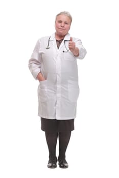 middle age doctor woman smiling broadly looking happy, positive, confident and successful, with thumb up