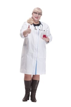in full growth. attending doctor with a laboratory flask. isolated on a white background.