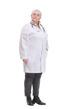 Happy smiling female doctor with thumbs up gesture, isolated on white background