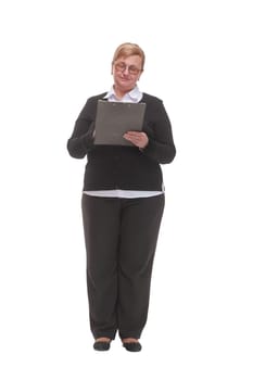 Portrait senior business women with clipboard and document in hands looking at camera