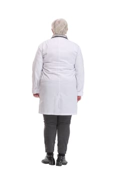 Back view of a female doctor looking at white. Full length shot