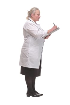 Profile side view portrait of mature doctor writing recommending filling medical form isolated over white background