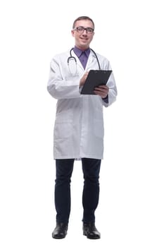 Happy smiling doctor writing on clipboard, isolated on white background