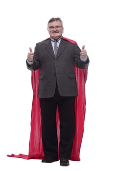 in full growth. business man in a superhero raincoat. isolated on a white background.