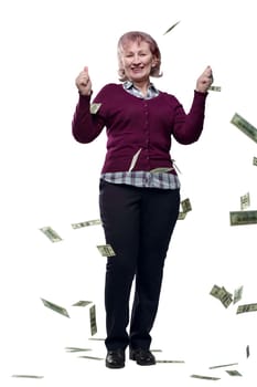 in full growth. an adult woman looking at banknotes in her hands. isolated on a white