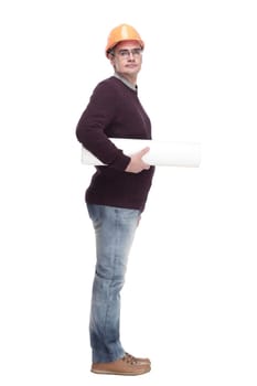 man in a protective helmet with drawings of a new project . isolated on a white background.