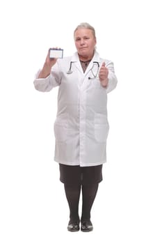 Nurse or medical doctor woman showing business card isolated on white background