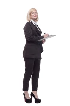 in full growth. confident business woman with a clipboard. isolated on a white background.