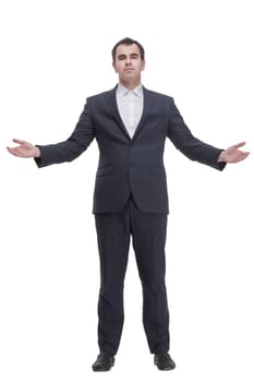 portrait of caucasian mature business man with hand on chin, looking at camera. Front view on white background