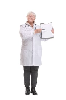 Female doctor holding empty folder with files of desease illness and point by pen blank clipboard. Concept of results and information of treatment