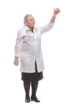 female scientist holding test tube with blood sample making research in clinical laboratory. Science, chemistry, biology, medicine and people concept