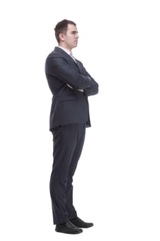 Happy businessman with open palm offering something. Concept of holding or giving