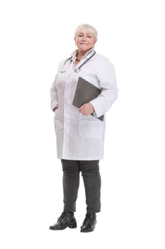 Portrait of caucasian mature thoughtful doctor female holding clipboard. Isolated shot of doctor woman with stethoscope on the neck