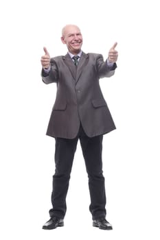 in full growth. Executive business man pointing up . isolated on a white background.