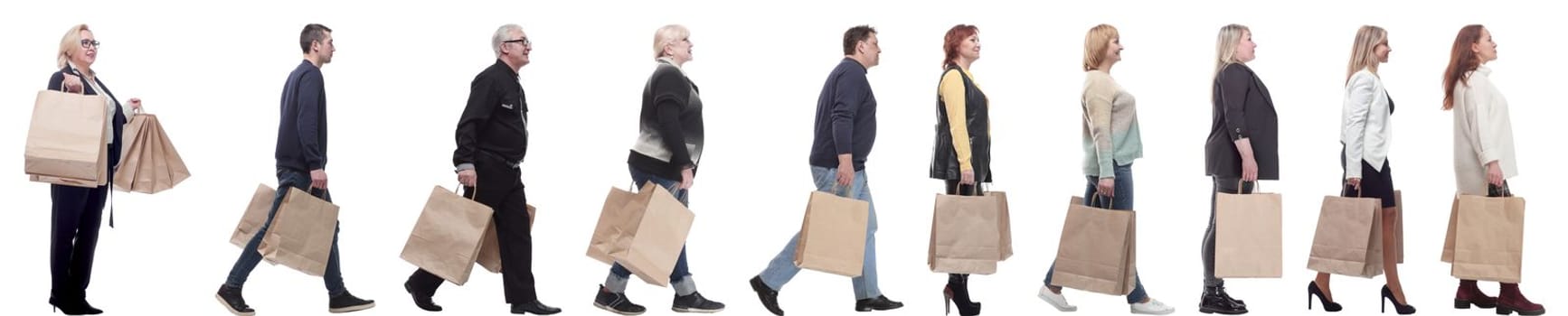 a group of people stand in line with shopping bags. isolated on white