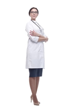 in full growth. confident female doctor with a stethoscope. isolated on a white background.