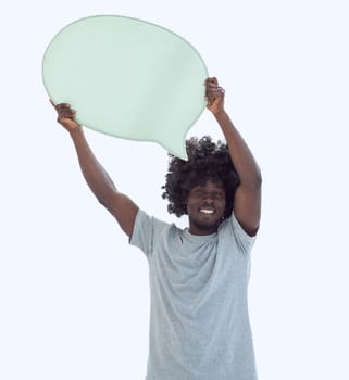 close up. curly-haired guy with a speech bubble. photo with copy space