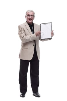 in full growth. Mature intelligent man with a clipboard. isolated on a white background.