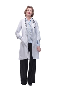 Smiling medical worker with stethoscope and positive attitude. Isolated over white background.