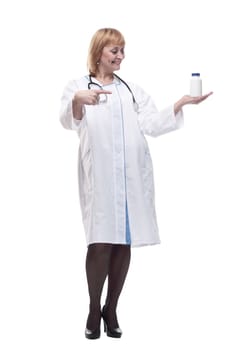 in full growth.friendly female doctor with sanitizer in hand. isolated on a white background.