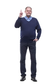 full-length. mature man in a blue jumper. isolated on a white background.