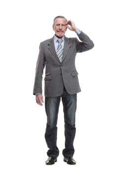Full length of mature elegant business man standing with arms folded isolated on white background
