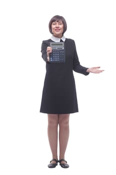 in full growth. happy young businesswoman showing calculator. isolated on a white background.