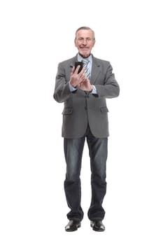 Happy old man in suit and falling dollar banknotes. Currency and lottery concept.