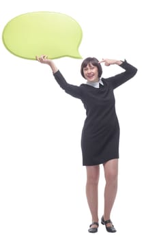in full growth.a young business woman with a speech bubble. isolated on a white background.