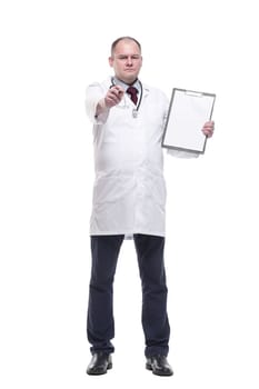 in full growth.qualified doctor with clipboard . isolated on a white background.